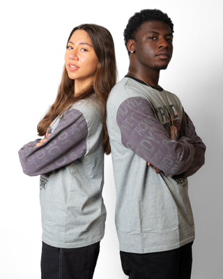 Two models back to back in the ROWDY Mind Numb Longsleeve showing the all-over printed sleeves